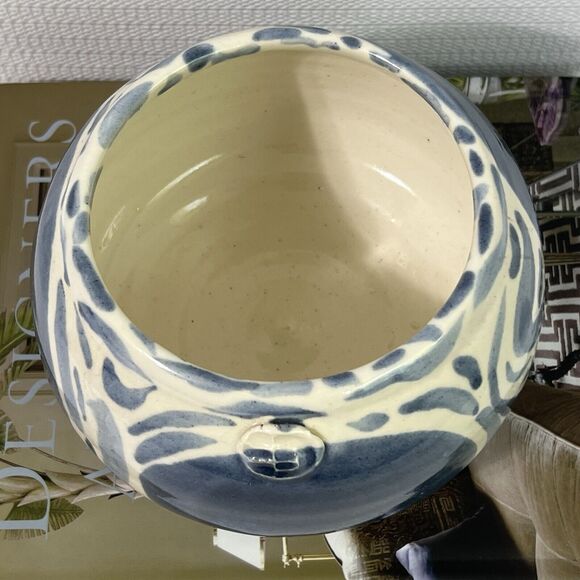 Blue & White Swirl Stoneware Planter Flower Pot Round Wheel Thrown Maker’s Mark - Picture 7 of 17